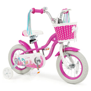18-Inch Kids Bike Adjustable with Basket and Streamers Rose Red - Princess of the Sea Theme