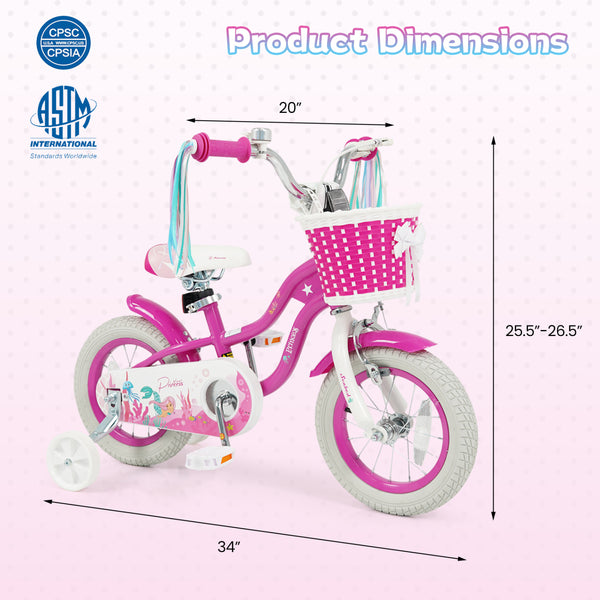 18-Inch Kids Bike Adjustable with Basket and Streamers Rose Red - Princess of the Sea Theme