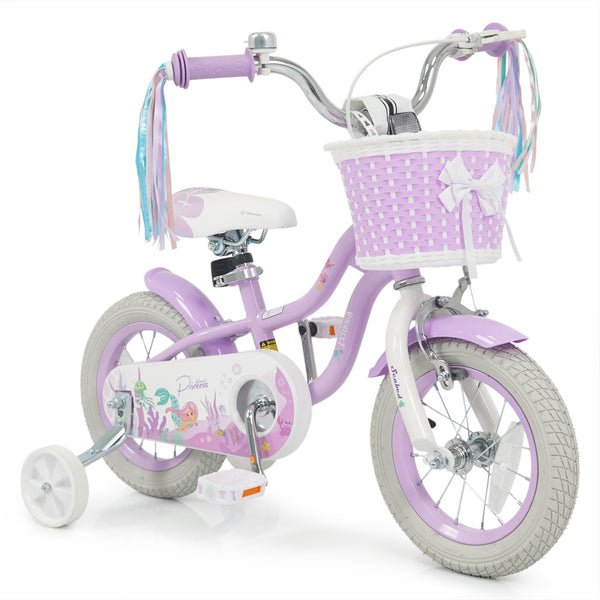 18-Inch Kids Bike Adjustable with Basket and Streamers Purple - Princess of the Sea Theme