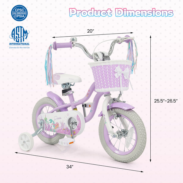 18-Inch Kids Bike Adjustable with Basket and Streamers Purple - Princess of the Sea Theme