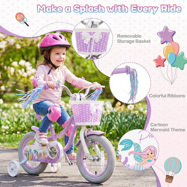 18-Inch Kids Bike Adjustable with Basket and Streamers Purple - Princess of the Sea Theme