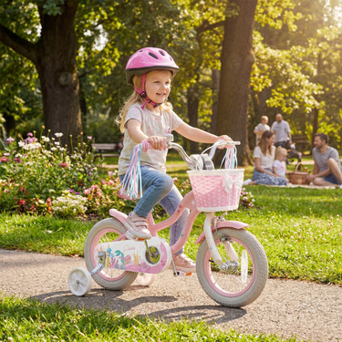12-inch adjustable kids bike for girls, featuring a basket and streamers, perfect for ages 3 and up.