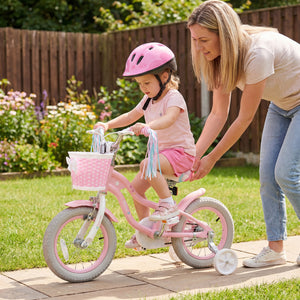 12-inch adjustable kids bike for girls, featuring a basket and streamers, perfect for ages 3 and up.