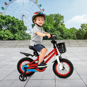 12-inch kids bike with training wheels for 3-4 years old, angled view showcasing vibrant design and safety features.