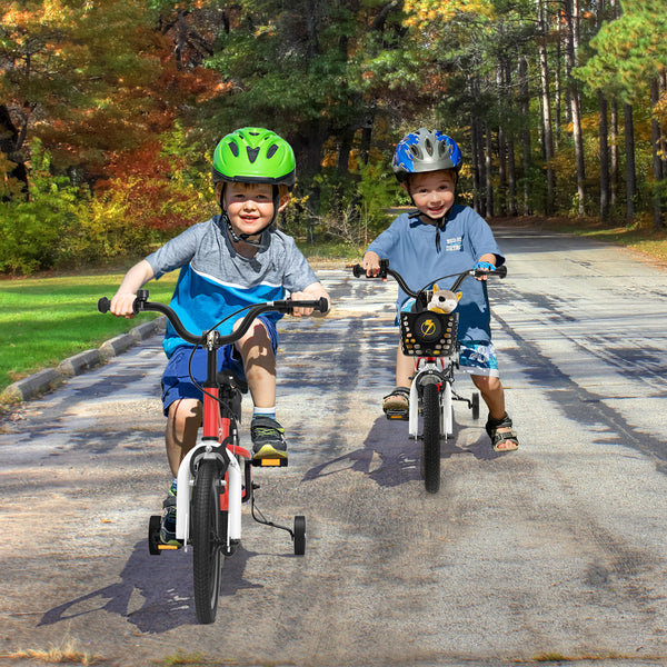 12-inch kids bike with training wheels for 3-4 years old, angled view showcasing vibrant design and safety features.