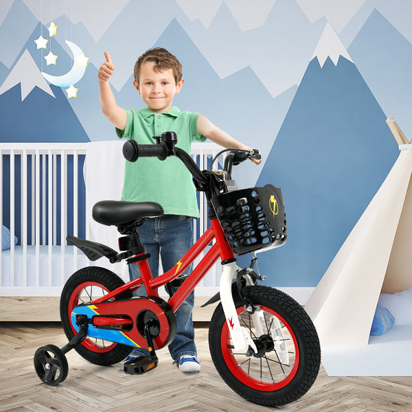 12-inch kids bike with training wheels for 3-4 years old, angled view showcasing vibrant colors and design.