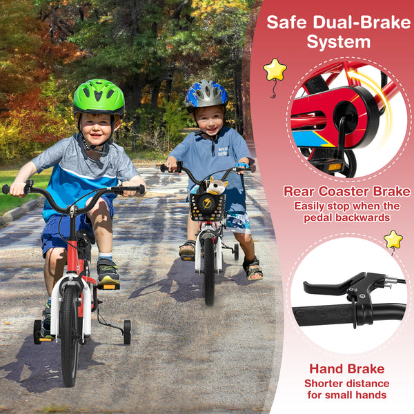 12-inch kids bike with training wheels for toddlers aged 3-4, angled view showcasing vibrant design and safety features.