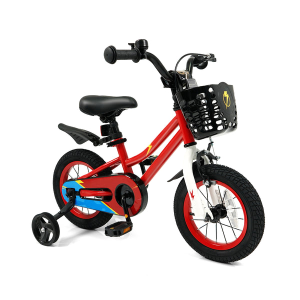 12-inch kids bike with training wheels for 3-4 years old, angled view showcasing vibrant design and safety features.