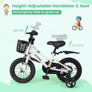 12-inch kids bike with training wheels for 3-4 years old, angled view showcasing vibrant colors and sturdy design.