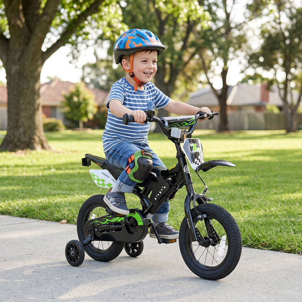 12-inch kids bike with training wheels for ages 3-4, perfect for young riders learning to balance and ride.