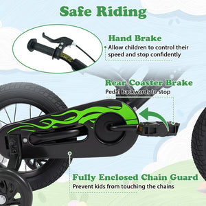 12-inch kids bike with training wheels for ages 3-4, angled view showcasing vibrant colors and sturdy design.