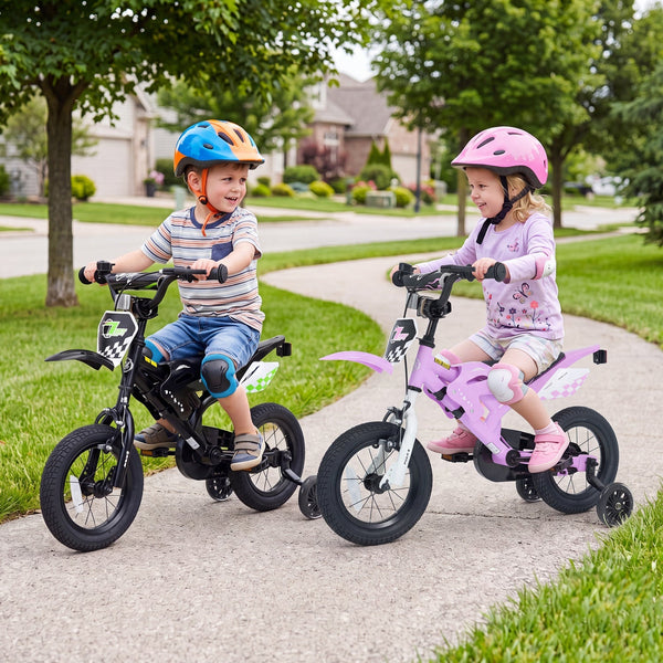 12-inch kids bike with training wheels for ages 3-4, angled view showcasing vibrant design and safety features.