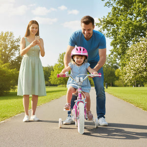 Pink 12-inch kids bike for ages 3-8 with adjustable handlebar, Starlight Wave design, angled view.