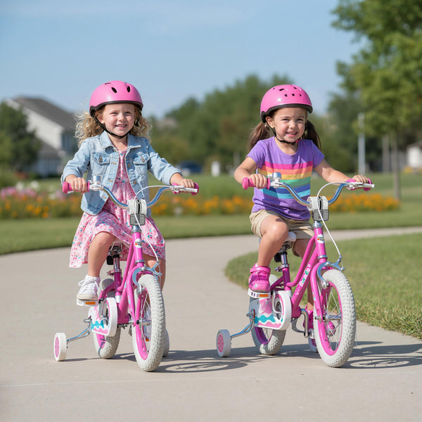 12-inch pink kids bike for ages 3-8, featuring adjustable handlebars, Starlight Wave design, angle view.