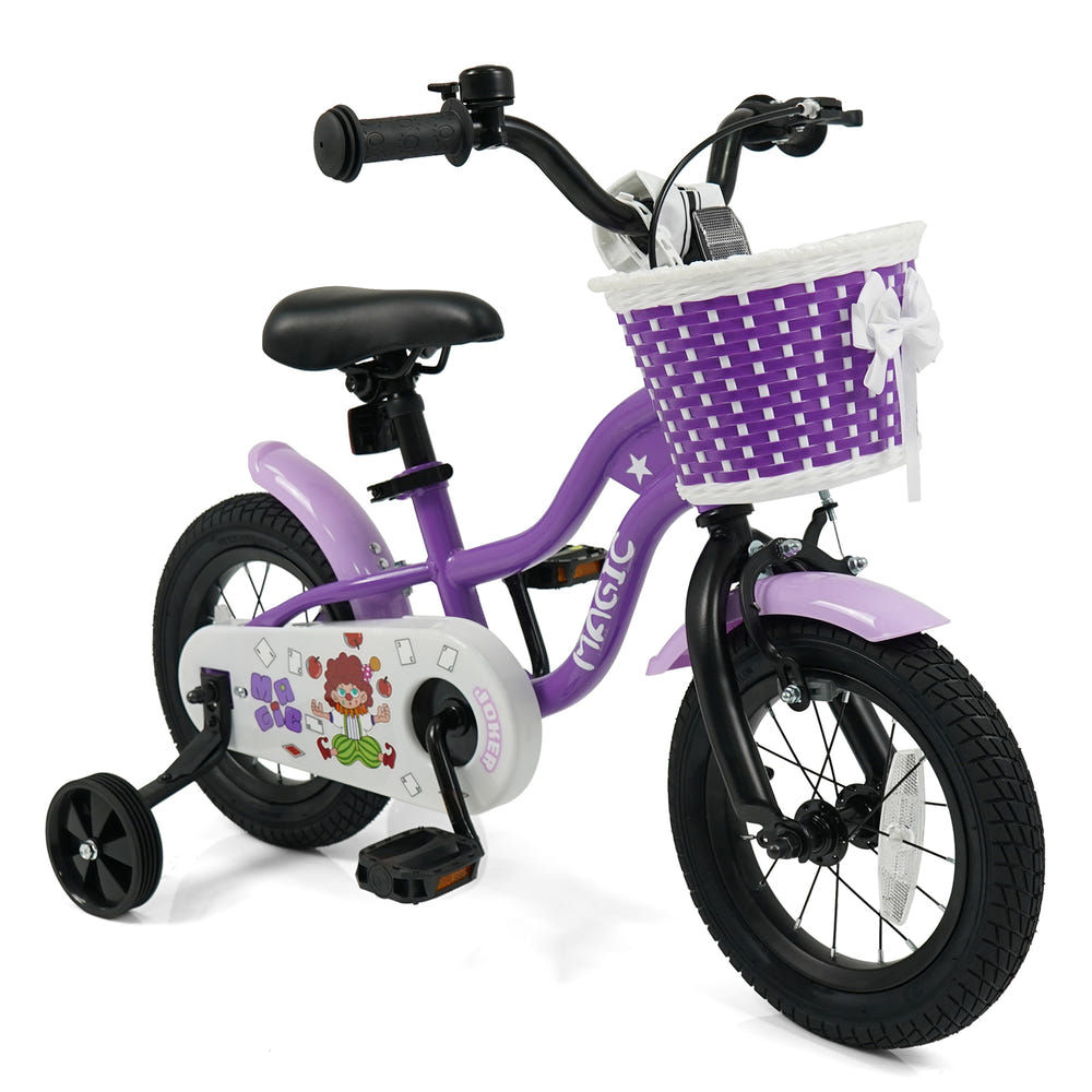 12-inch magic purple kids bike with training wheels for ages 3-4, perfect for little riders.