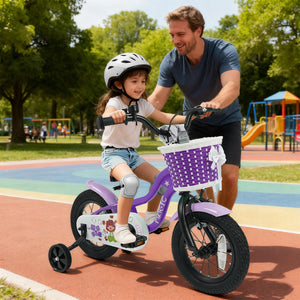 Magic Purple 12-inch kids bike with training wheels for ages 3-4, angled view showcasing design and safety features.