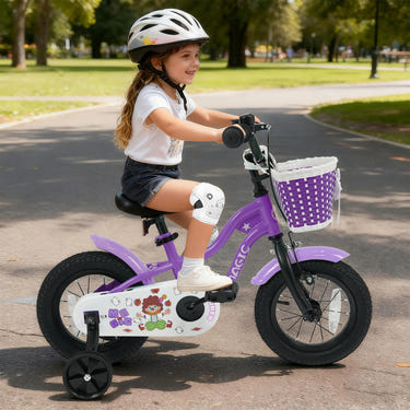 12-inch magic purple kids bike with training wheels for ages 3-4, perfect for little riders.