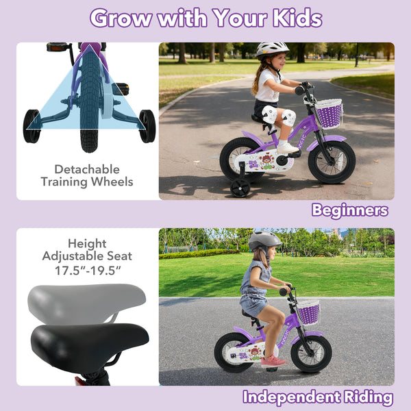 12-inch magic purple kids bike with training wheels for ages 3-4, viewed from angle 5. Perfect for young riders!