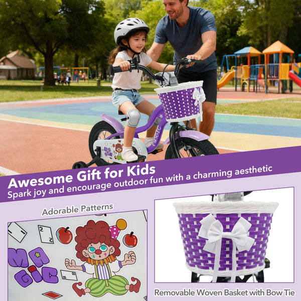 Magic purple 12-inch kids bike with training wheels for ages 3-4, angled view showcasing design and safety features.
