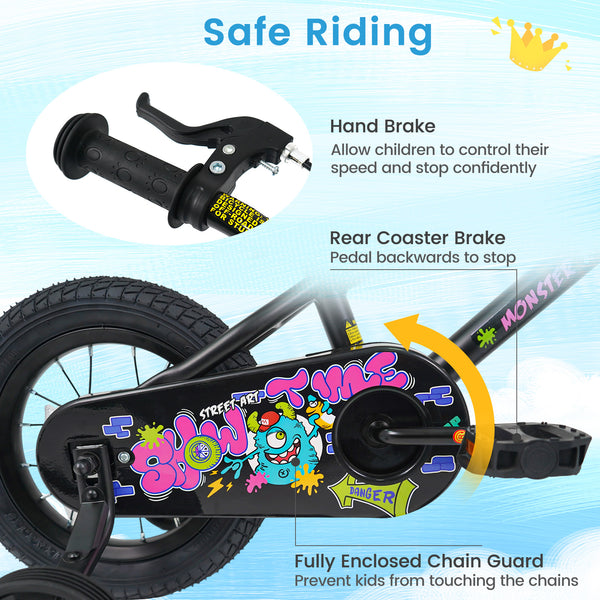 18 Inch Kids Bike with Training Wheels for Ages 4-8 Years Old Black- Street Art Time
