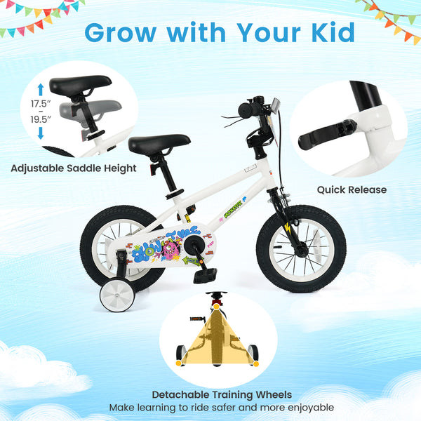 12-inch white kids bike with training wheels for ages 3-4, featuring street art design, angled view.