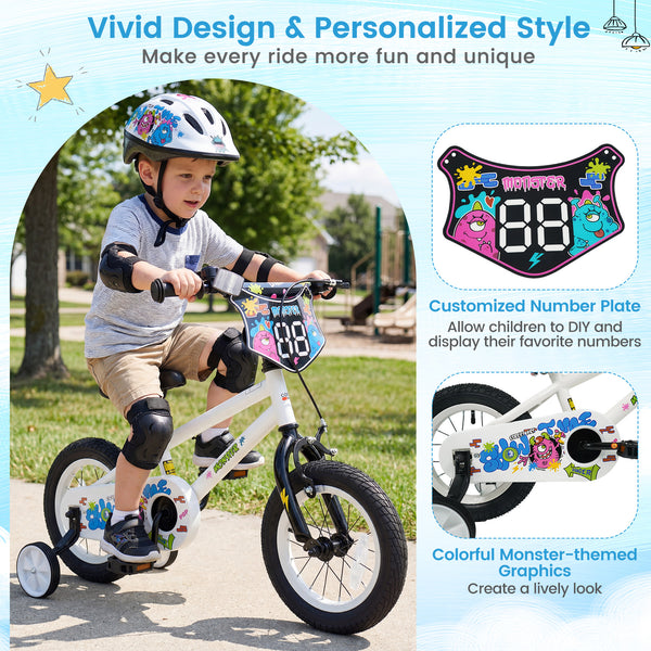 12-inch white kids bike with training wheels for ages 3-4, featuring street art design, angled view.