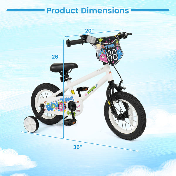 12-inch kids bike with training wheels for ages 3-4, white with street art design, angled view.