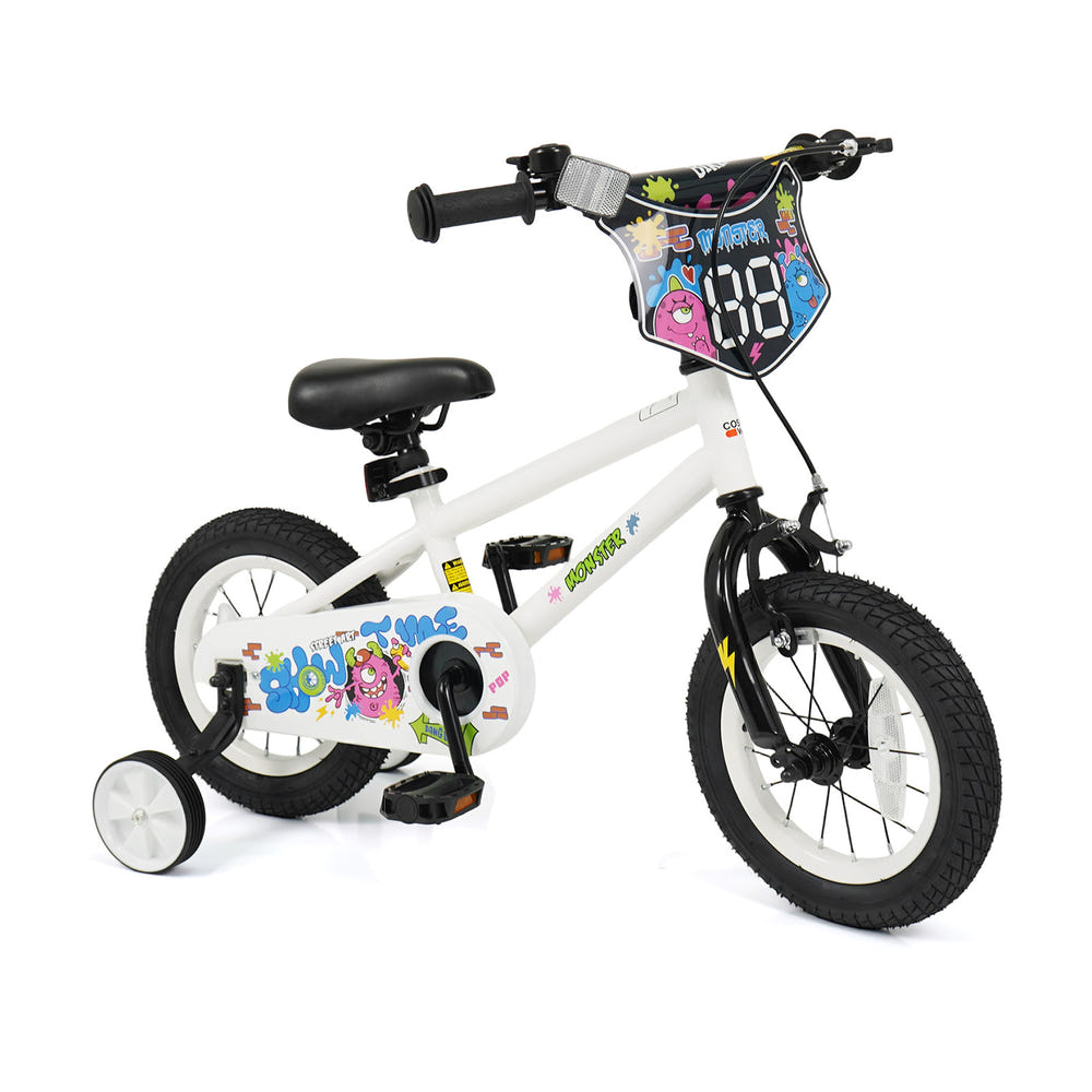 12-inch white kids bike with training wheels for ages 3-4, featuring vibrant street art design.