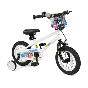 12-inch kids bike with training wheels for ages 3-4, white design featuring street art, angle view.