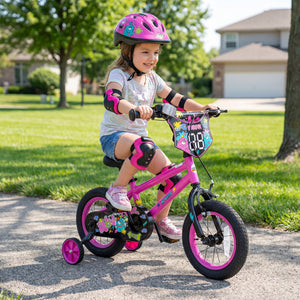 12-inch pink kids bike with training wheels for ages 3-4, featuring street art design, angled view.