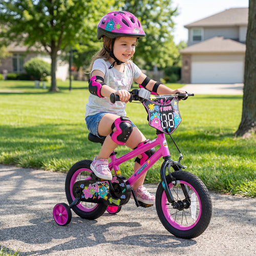 12-inch pink kids bike with training wheels for ages 3-4, featuring street art design, angled view.