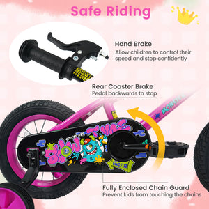 12-inch pink kids bike with training wheels for ages 3-4, featuring street art design, angled view.