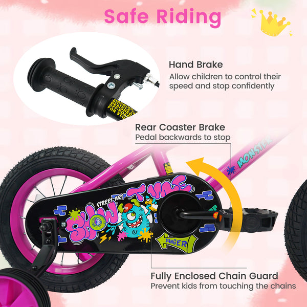 12-inch pink kids bike with training wheels for ages 3-4, featuring street art design, angled view.