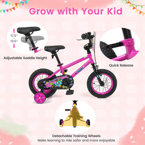 12-inch pink kids bike with training wheels for ages 3-4, featuring street art design, angled view.