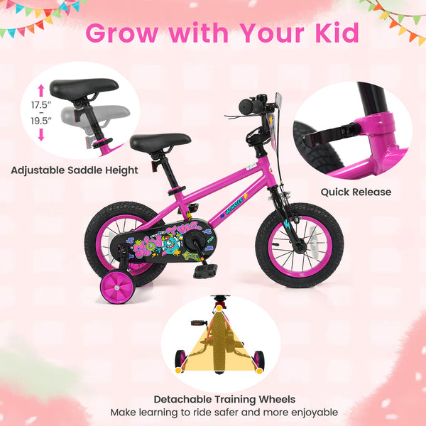 12-inch pink kids bike with training wheels for ages 3-4, featuring street art design, angled view.