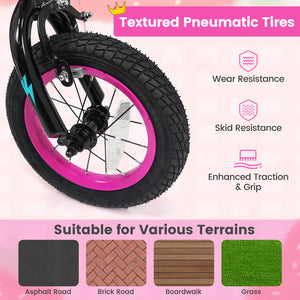 12-inch pink kids bike with training wheels for ages 3-4, featuring street art design, angled view.