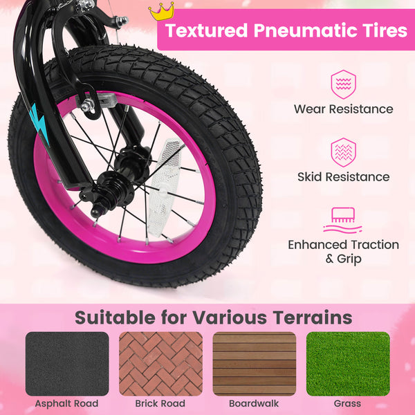 12-inch pink kids bike with training wheels for ages 3-4, featuring street art design, angled view.