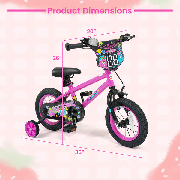 12-inch pink kids bike with training wheels for ages 3-4, featuring street art design, angled view.