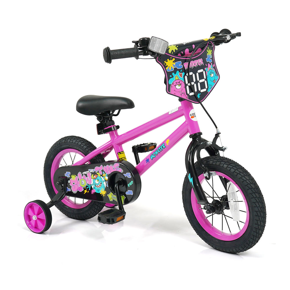 12-inch pink kids bike with training wheels for ages 3-4, featuring street art design. Perfect for little riders!