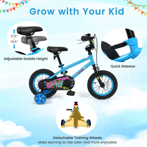 16 Inch Kids Bike with Training Wheels for Ages 4-7 Years Old Blue- Street Art Time