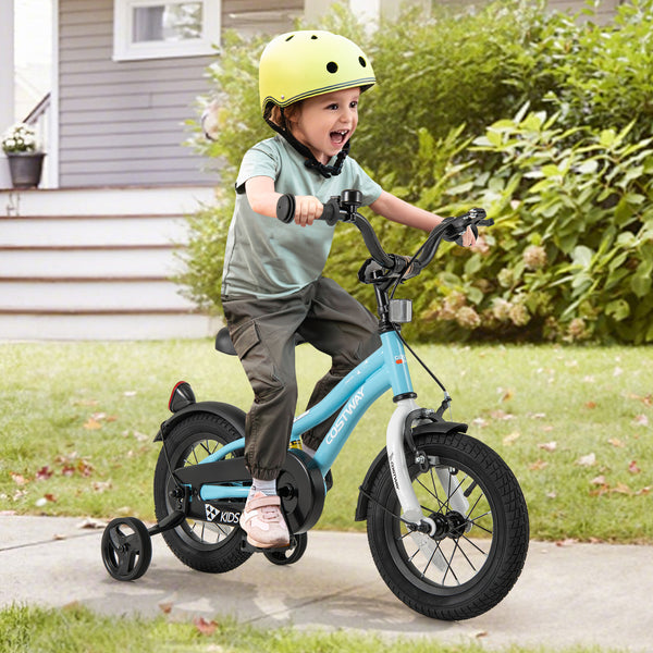 14-inch kids bike with training wheels for ages 3-5, angled view showcasing vibrant design and safety features.
