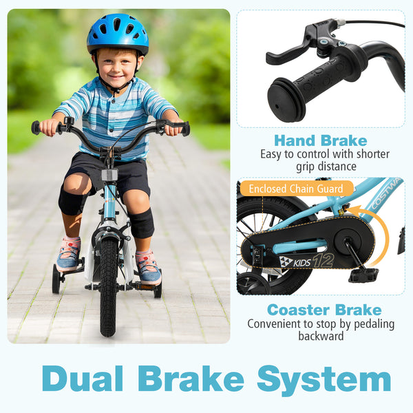14-inch kids bike with training wheels for ages 3-5, angled view showcasing vibrant design and safety features.