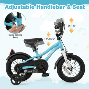 14-inch kids bike with training wheels for ages 3-5, angled view showcasing vibrant design and safety features.