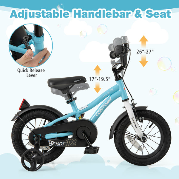 14-inch kids bike with training wheels for ages 3-5, angled view showcasing vibrant design and safety features.