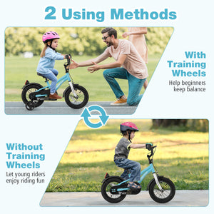 14-inch kids bike with training wheels for ages 3-5, angled view showcasing vibrant design and safety features.
