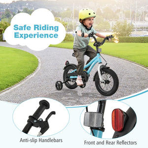 14-inch kids bike with training wheels for children aged 3-5, viewed at a 32-degree angle. Perfect for early riders!