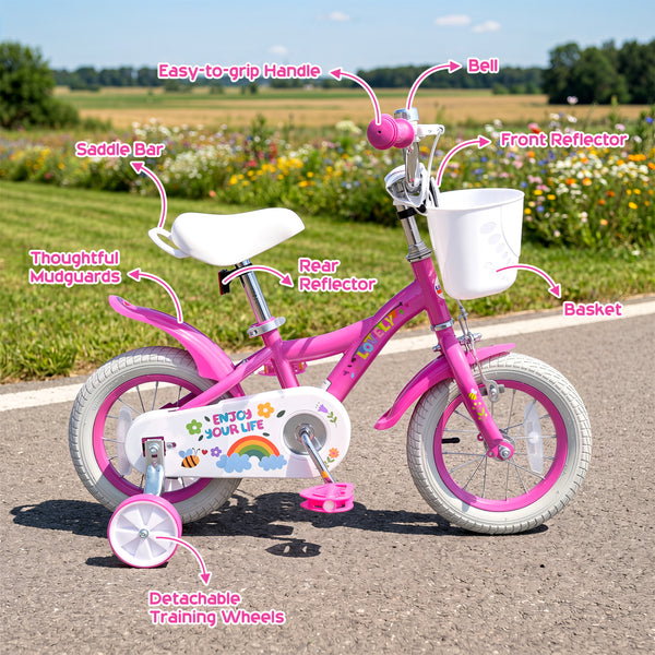 Girls Bike for 3-8 Years Old with Basket - Spring Party Pink