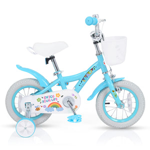 12-inch girls bike for 3-4 years with training wheels and basket in Spring Party Blue, angle view.