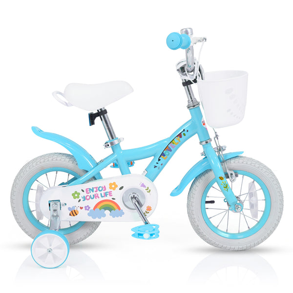 12-inch girls bike for 3-4 years with training wheels and basket in Spring Party Blue, angle view.