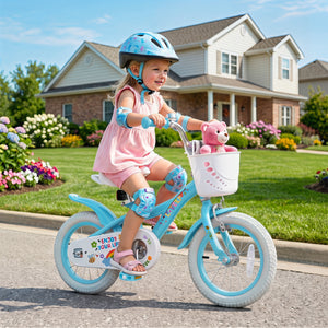 12-inch girls bike for ages 3-4, blue with training wheels and basket, perfect for spring parties.
